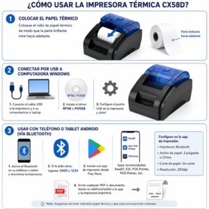 Impresora ticketera térmica USB Bluetooth 57mm 58mm CX58D - Imagen 3