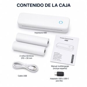 Impresora portátil térmica A4 para rollo/hoja suelta/plegable 210mm USB + Bluetooth A80 304dpi LUCK JINGLE - Imagen 3