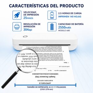 Impresora portátil térmica A4 210mm USB + Bluetooth modelo A80 304dpi - Imagen 6