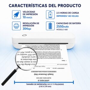 Impresora portátil térmica A4 para rollo/hoja suelta/plegable 210mm USB + Bluetooth A80 304dpi LUCK JINGLE - Imagen 6