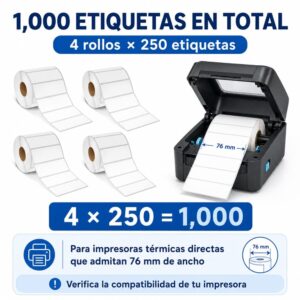 Rollo de 250 etiquetas adhesivas térmico 76x25mm TD blanco - Imagen 6