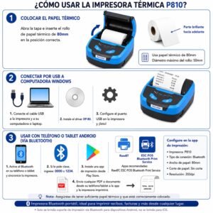 Impresora ticketera térmica portátil 80mm USB+Bluetooth Xprinter P810 con sujetador - Imagen 3