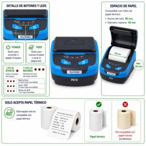 Impresora ticketera térmica portátil 80mm USB+Bluetooth Xprinter P810 con sujetador - Imagen 4
