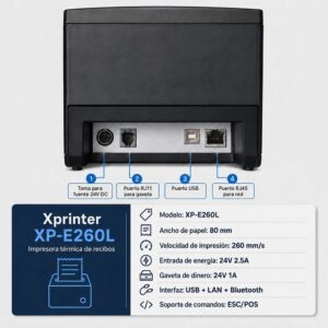 Impresora ticketera térmica de escritorio USB LAN Bluetooth 80mm Xprinter E260L - Imagen 4