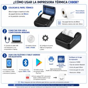 Impresora ticketera térmica portátil 80mm USB+Bluetooth CX80B con puerto gaveta RJ11 - Imagen 7