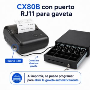 Impresora ticketera térmica portátil 80mm USB+Bluetooth CX80B con puerto gaveta RJ11 - Imagen 6