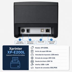 Impresora ticketera térmica de escritorio USB LAN 80mm E200L + 10 rollos 80x80x13mm 75 metros - Imagen 4