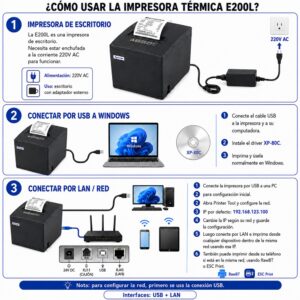 Impresora ticketera térmica de escritorio USB LAN 80mm E200L + 10 rollos 80x80x13mm 75 metros - Imagen 6