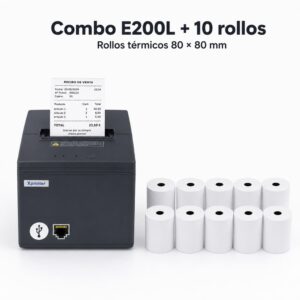 Impresora ticketera térmica de escritorio USB LAN 80mm E200L + 10 rollos 80x80x13mm 75 metros