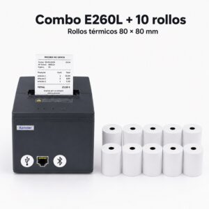 Impresora ticketera térmica USB LAN Bluetooth 80mm E260L + 10 rollos 80x80x13mm