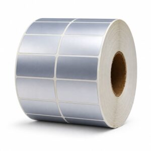 Rollo 3000 etiquetas adhesivas POLIESTER plateado PET 50x25mm 2 columnas soporta bajas y altas temperaturas