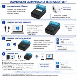 Impresora ticketera térmica portátil 57mm 58mm USB Serial Bluetooth Wifi ER-58I Alta resolución - Imagen 3