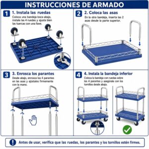 Carrito de servicio azul doble nivel multiuso en general 200 KG 50x70cm con 4 ruedas de goma - Imagen 4