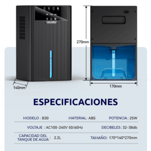 Deshumedecedor para casa cubre hasta 25m2 modelo B30 de 2.2L con botones táctiles - Ideal para hogar, baño o armario - Imagen 6