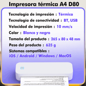 Impresora portátil térmica A4 210mm USB + Bluetooth modelo D80H 304dpi - Imagen 9