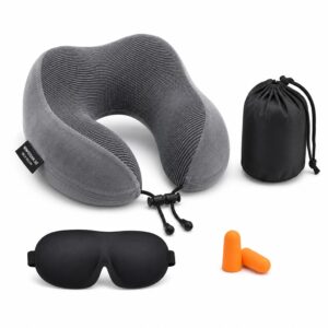 Kit viaje cojín cuello de espuma viscoelástica + tapaoidos + tapaojos + bolsa cierre de cordón COLOR GRIS
